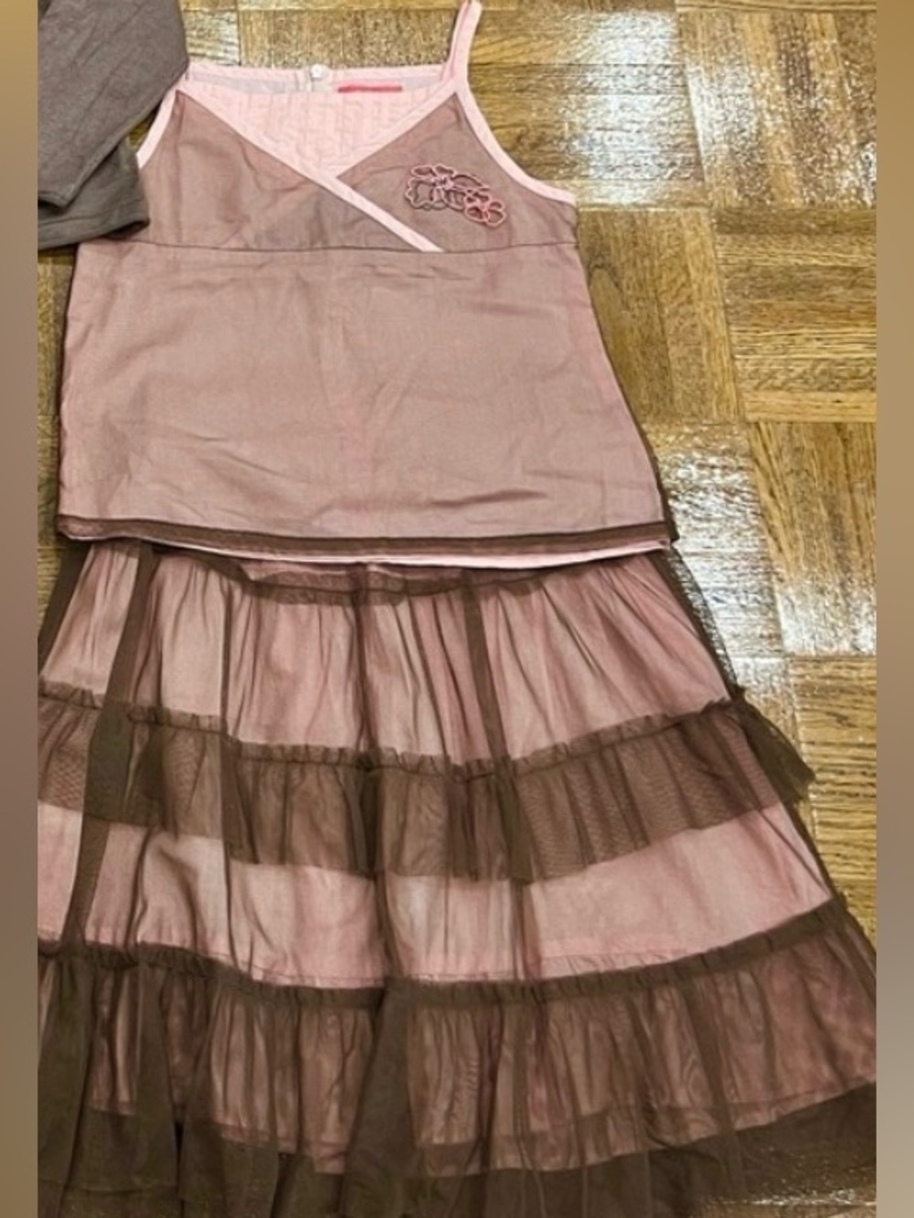2pc  Deux par Deux Brown 2pc Skirt set with Pink Accent.